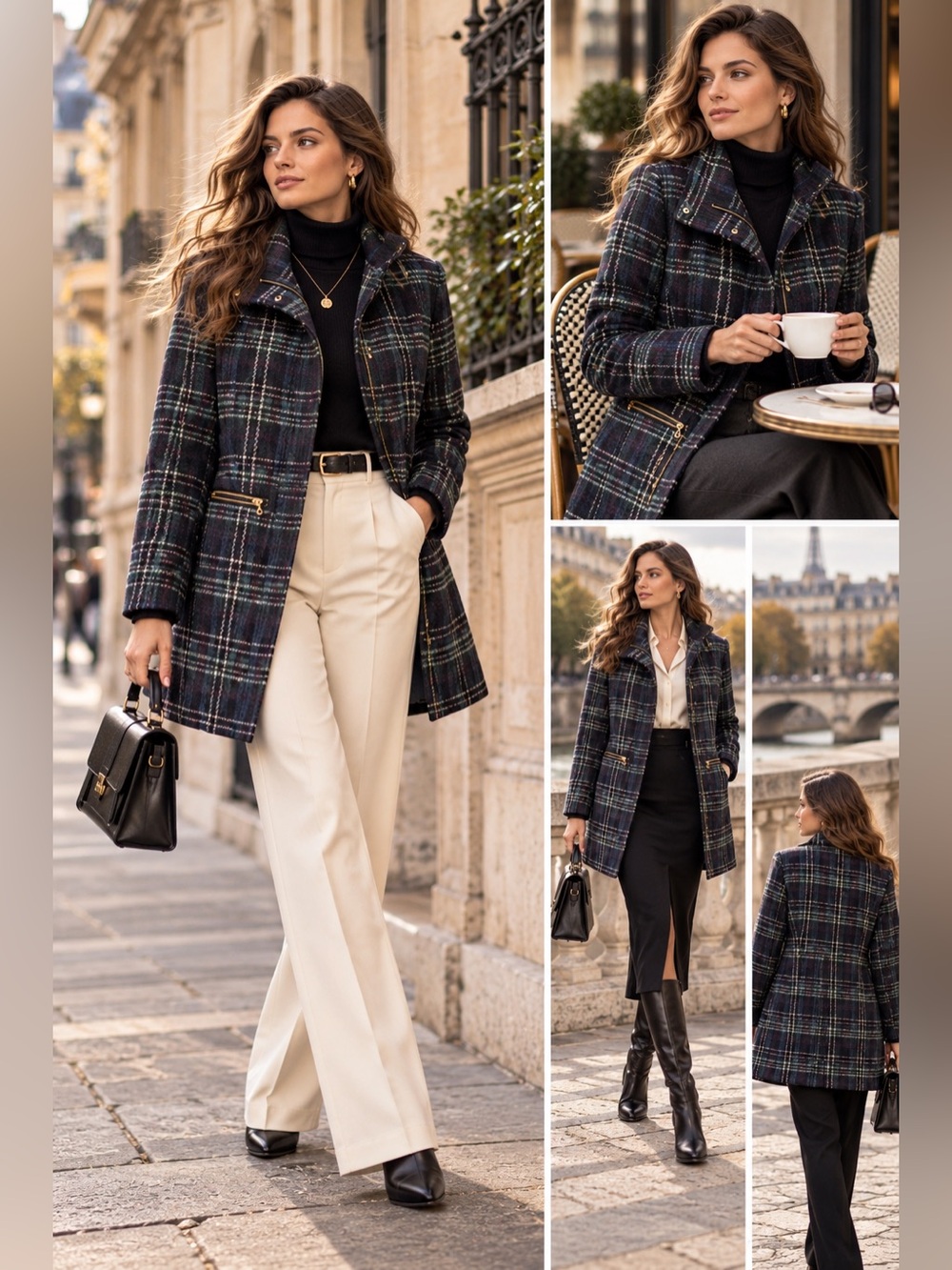 Worthington Dark Navy and Forest Green Plaid Peacoat with Gold Zips